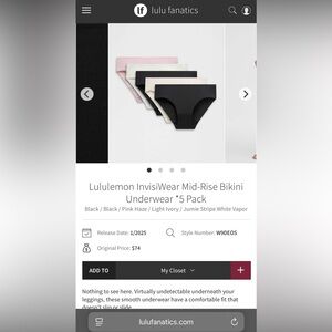 NWT Lululemon InvisiWear Mid-Rise Bikini
Underwear *5 Pack